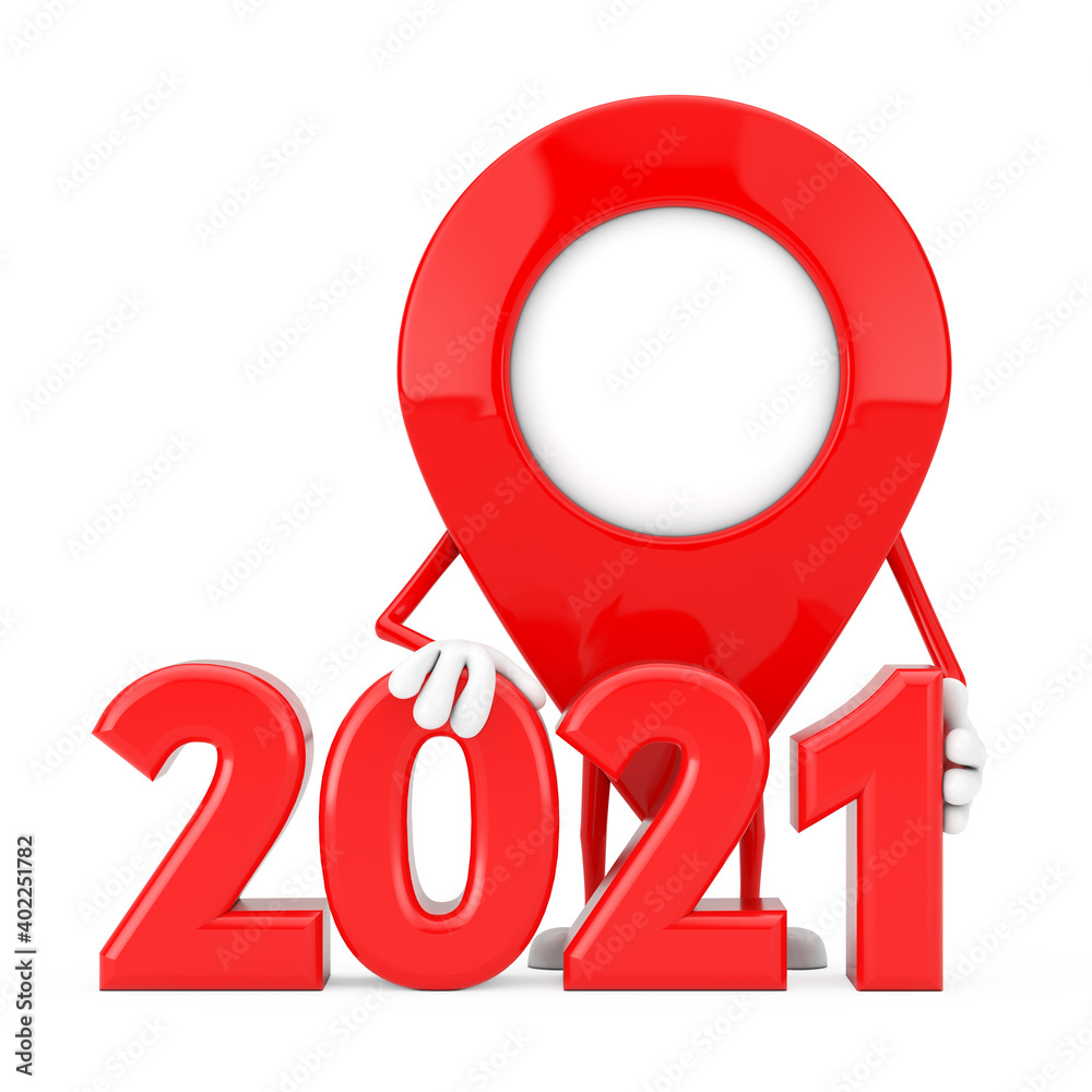 Poster map pointer pin character mascot with 2021 new year sign. 3d rendering