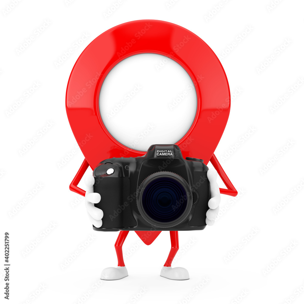 Leinwandbilder Red Map Pointer Target Pin Character Mascot with Modern Digital Photo Camera. 3d Rendering