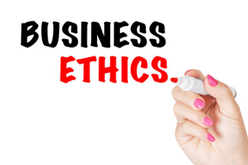 Fototapeta premium Woman Hand Writing Business Ethics Message with Red Marker on Transparent Wipe Board. 3d Rendering