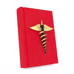Medical Publication Concept. Golden Fountain Writing Pen as Gold Medical Caduceus Symbol over Red Medical Book. 3d Rendering