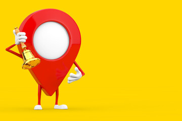 Map Pointer Pin Character Mascot with Vintage Golden School Bell. 3d Rendering