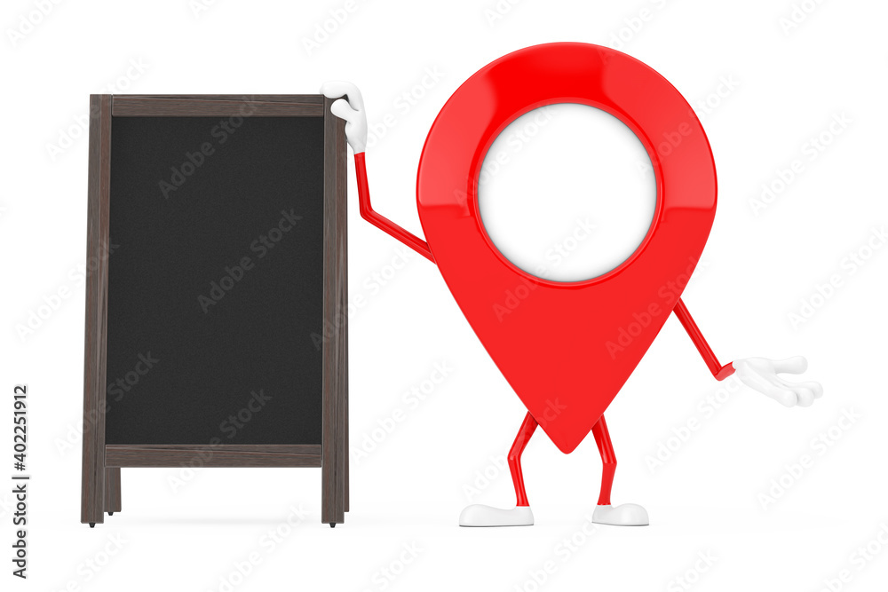 Fototapete map pointer pin character mascot with blank wooden menu blackboards outdoor display. 3d rendering