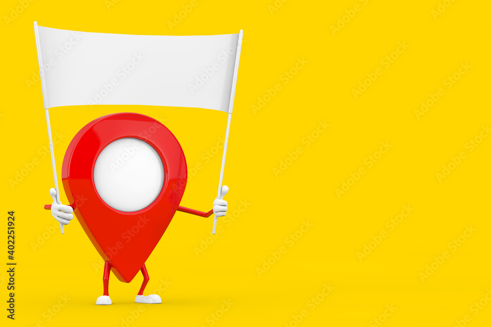Poster map pointer pin character mascot and empty white blank banner with free space for your design. 3d re