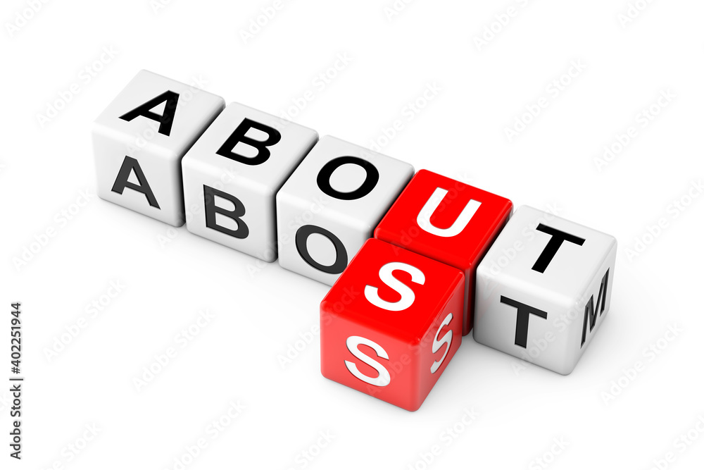 Aufkleber About Us Sign as Crossword Cube Blocks. 3d Rendering