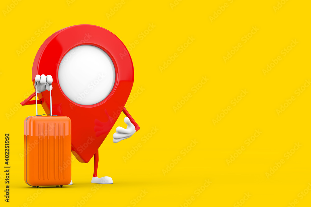 Leinwandbilder map pointer pin character mascot with orange travel suitcase. 3d rendering
