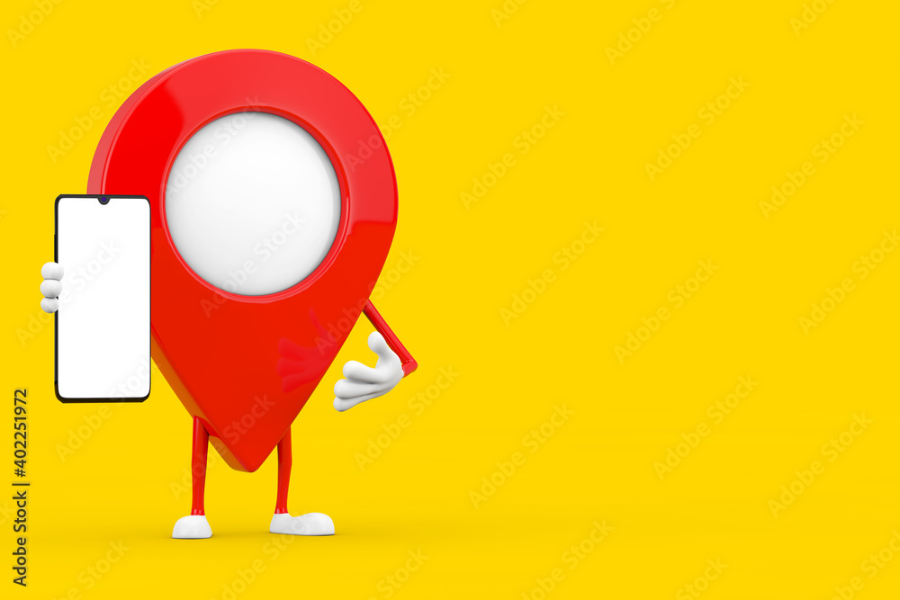 Poster map pointer pin character mascot and modern mobile phone with blank screen for your design. 3d rende