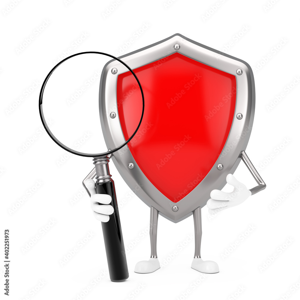Poster red metal protection shield character mascot with magnifying glass. 3d rendering
