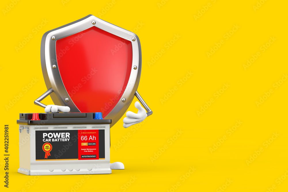 Poster red metal protection shield character mascot and rechargeable car battery 12v accumulator with abstr