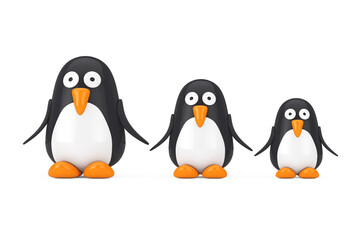 Set of Cute Black and White Toy Cartoon Penguins. 3d Rendering