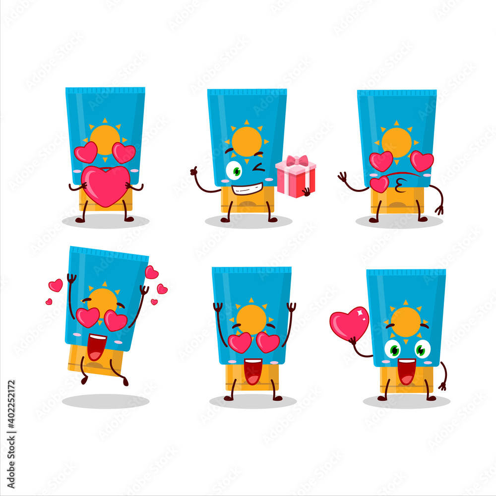 Sticker Cream sunblock cartoon character with love cute emoticon