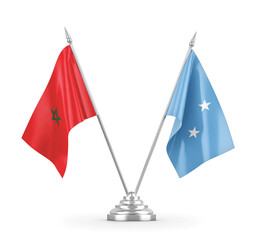 Micronesia and Morocco table flags isolated on white 3D rendering