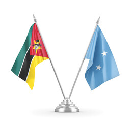 Micronesia and Mozambique table flags isolated on white 3D rendering