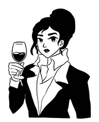 line art classy elegant beautiful woman drink wine in suit