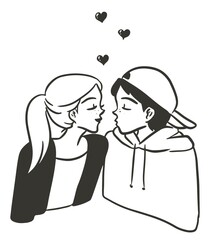 valentine teen couple cute kiss line art hand drawn