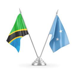 Micronesia and Tanzania table flags isolated on white 3D rendering