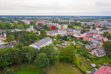 Fototapeta na wymiar Talsi, Latvia, Baltics. Aerial view photo from flying drone panoramic to Talsi old town and new town on a sunny summer day. (Series)