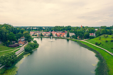 Fototapeta na wymiar Talsi, Latvia, Baltics. Aerial view photo from flying drone panoramic to Talsi old town and new town on a sunny summer day. (Series)