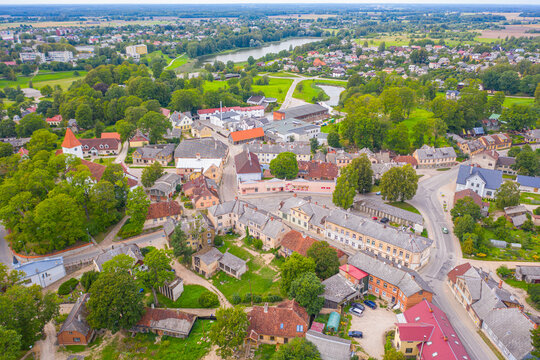 Talsi, Latvia, Baltics. Aerial view photo from flying drone panoramic to Talsi old town and new town on a sunny summer day. (Series)