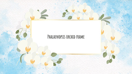beautiful white Phalaenopsis orchid wreath with golden frame on blue watercolor splash background