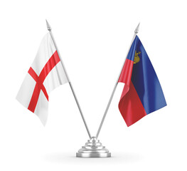 Liechtenstein and England table flags isolated on white 3D rendering