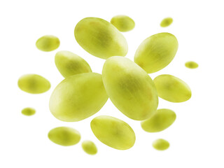 Green grapes levitate on a white background