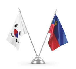 Liechtenstein and South Korea table flags isolated on white 3D rendering