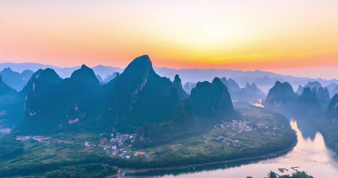 Landscape of Guilin at sunrise,Li River and Karst mountains,guangxi,china.time lapse.