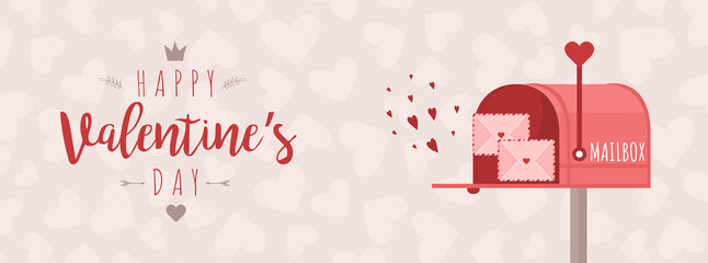 Valentines day greeting banner. Mailbox with love letters. Cute design concept for 14 february.