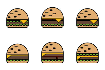 Various flat style hamburger illustration design template isolated in white, suitable for restaurant logo etc
