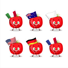 Tomato cartoon character bring the flags of various countries