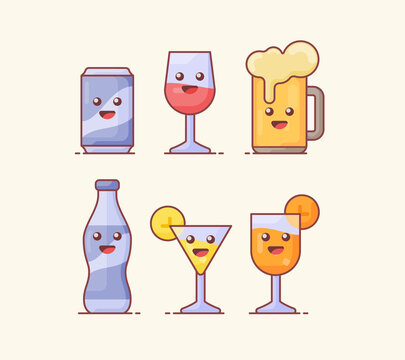 drink beverage icon set collection package with white isolated background and kawai emoticon face with flat color outline style