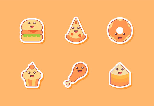 food icon set collection package burger pizza doughnuts cupcake fried chicken isolated background kawai emoticon face cute fun happy white isolated background with flat color outline style