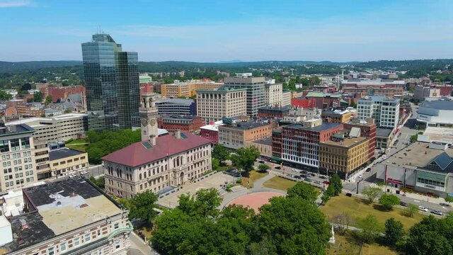 Aerial view of Worcester historic center including Worcester City Hall on Main Street with modern skyline at background, Worcester, Massachusetts MA, USA. Worcester is the second largest city in MA. 