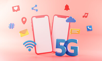 5G Two Phone Concept Wifi Connection on Pink Background With Icons 3D Rendering. Mockup Template