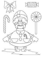 Coloring book for children. Santa Claus and various sweets.Black and white vector illustration.The development of skills in painting and drawing.