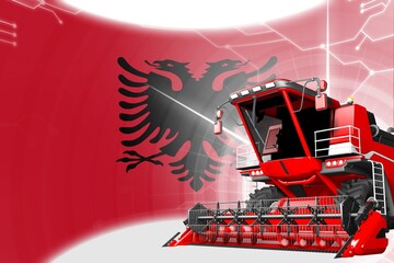 Fototapeta na wymiar Agriculture innovation concept, red advanced rural combine harvester on Albania flag - digital industrial 3D illustration