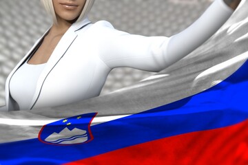 Fototapeta na wymiar beautiful business woman holds Slovenia flag in front on the modern architecture background - flag concept 3d illustration