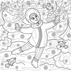 Monochrome, winter drawing for the book-antistress. Cartoon illustration of a girl in a winter forest with birds and fir trees.