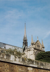 Fototapeta na wymiar Notre Dame de Paris, view from the Seine River. Daylight and light clouds.