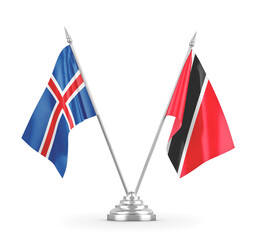 Trinidad and Tobago and Iceland table flags isolated on white 3D rendering