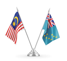 Tuvalu and Malaysia table flags isolated on white 3D rendering