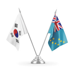 Tuvalu and South Korea table flags isolated on white 3D rendering