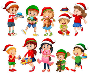 Different children wearing costume in Christmas theme and playing with thier toys isolated on white background