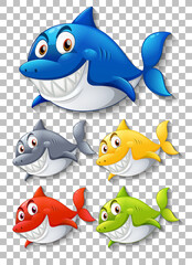 Set of different color shark smiling cartoon character on transparent background