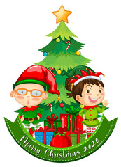 Merry Christmas 2020 font banner with cute elf and many gifts on white background