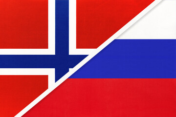 Norway and Russia or Russian Federation, symbol of national flags from textile.