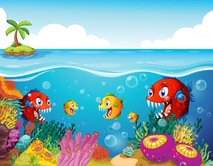 Fototapeta na wymiar Many exotic fishes cartoon character in the underwater background