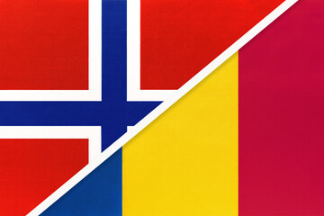 Fototapeta premium Norway and Romania, symbol of national flags from textile.