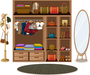 Clothes hanging on a clothesline with accessories in wardrobe