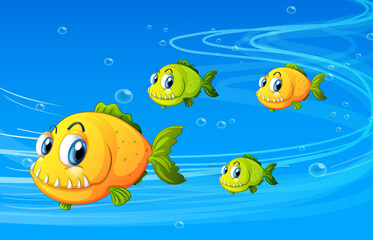 Obraz na płótnie Canvas Many exotic fishes cartoon character in the underwater scene